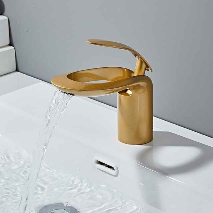 Bathroom Sink Mixer Faucet, Brass Matte Black Waterfall Widespread Single Handle One Hole Vessel Basin Tap with Hot and Cold Switch Chrome White