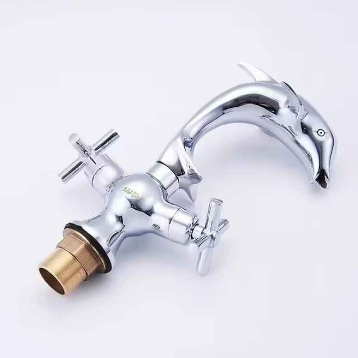 Bathroom Faucet Bath Shower Taps Copper Dolphin Style Basin Faucet Double Handle Bathroom Dual Hole Mixers Hot And Cold Water Chrome Polished Deck Mounted