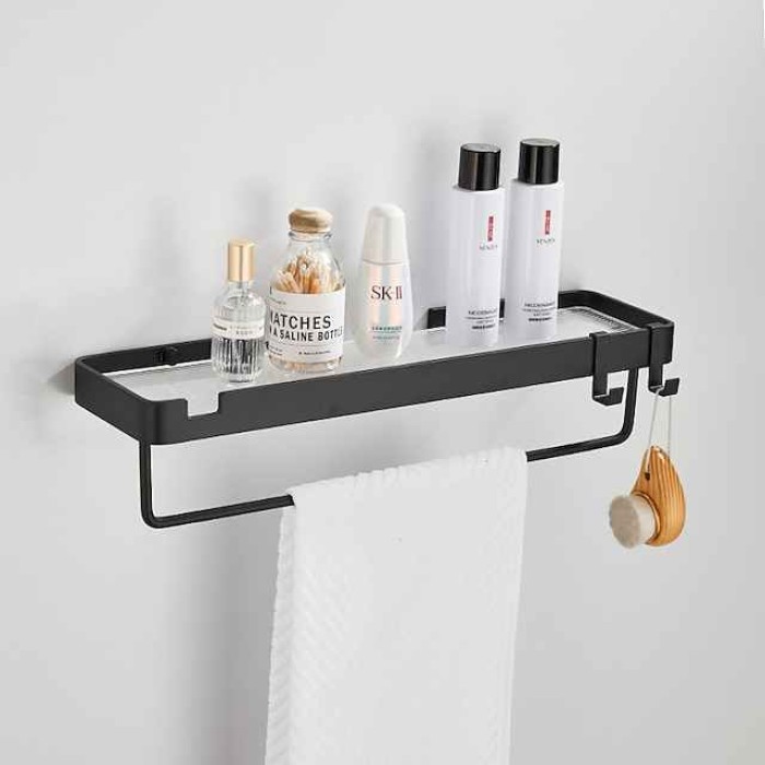 Bathroom Shelves Wall Mounted Golden Storage Organizer Rack Bathroom Kitchen Bathroom Hardware Pendant Bathroom Shelf Space Aluminum Acrylic Shower Rack Corner Shelf Square Bath Shower Shelf(Golden,Black)