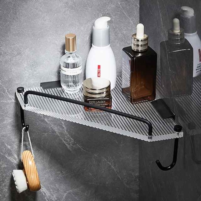 Bathroom Shelf Space Aluminum Acrylic Brushed Black and Golden Wall Mount Triangle Shower Corner Storage Rack Bath Accessories Single Layer