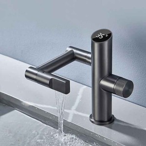 Bathroom Sink Faucet,Digital Display Multifunctional Washbasin Faucet,Brass Single Handle One Hole Rotatable Bath Tap(White/Gun Grey/Black)