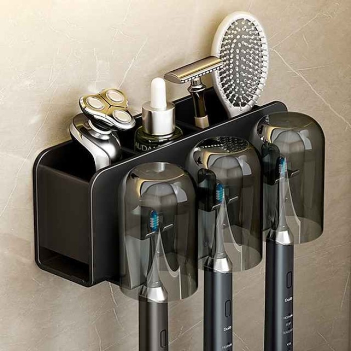 Black Toothbrush Rack Bathroom Toilet Non Perforated Wall Mounted Electric Mouthwash Cup Brush Cup Wall Mounted Space Aluminum Storage Rack