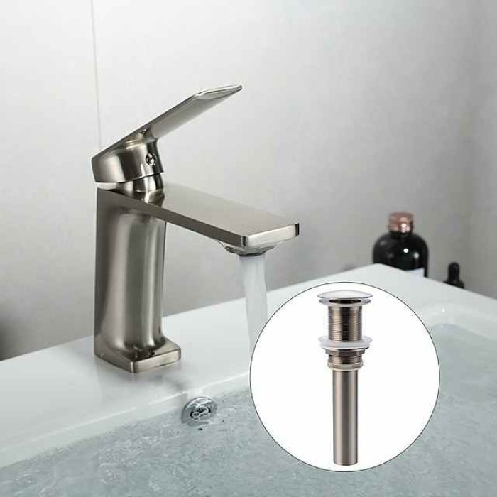 Bathroom Sink Mixer Faucet, Monobloc Washroom Basin Taps Single Handle One Hole Deck Mounted with Hot and Cold Hose