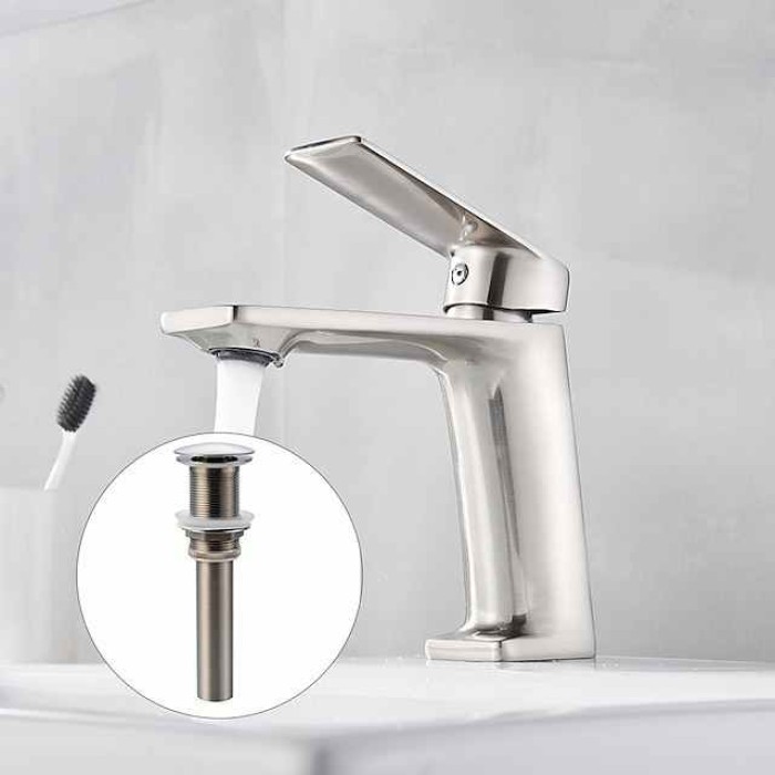 Bathroom Sink Mixer Faucet, Monobloc Washroom Basin Taps Single Handle One Hole Deck Mounted with Hot and Cold Hose