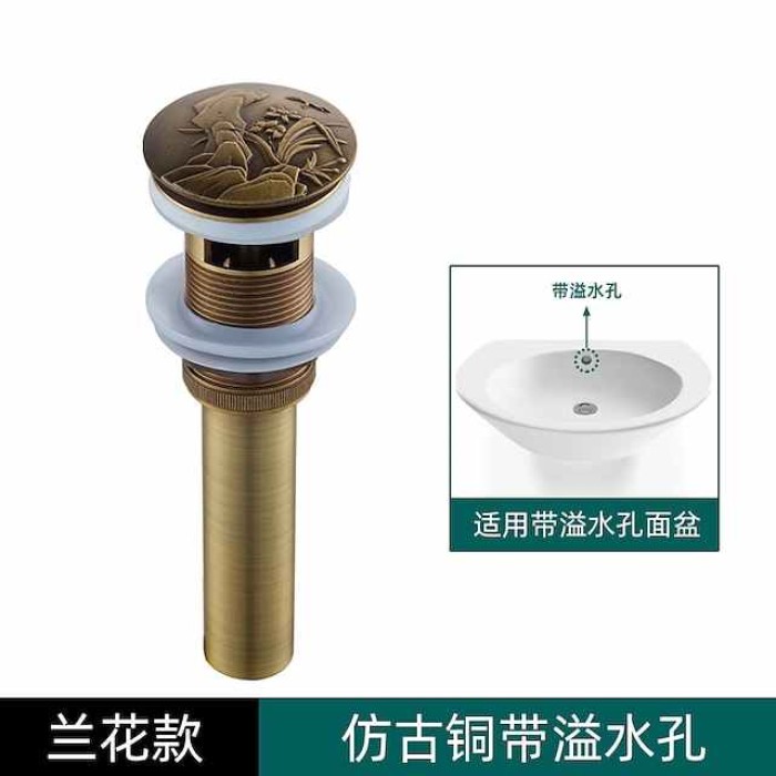 Engraved Antique Brass Pop Up Bathroom Sink Drain Strainer Stopper no Overflow Hole Kitchen Basin Sink Bottle Trap Drainer