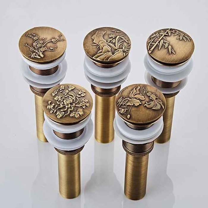 Engraved Antique Brass Pop Up Bathroom Sink Drain Strainer Stopper no Overflow Hole Kitchen Basin Sink Bottle Trap Drainer