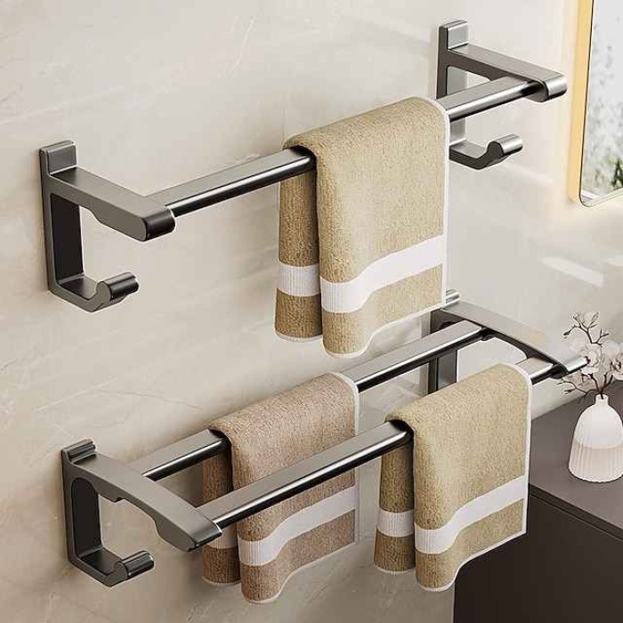 Non-Perforated Towel Rack Bathroom Towel Rack Hook Bathroom Hanging Rack Toilet Towel Bar Storage Rack Gun Gray Double Bar