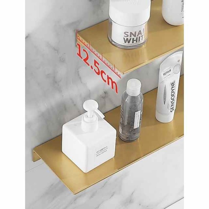 Bathroom Shelf Self-adhesive Bath Storage Rack 30-60cm Modern Space Aluminum Rust-proof Bathroom Organizer Wall Shelf 1pc (Brushed Golden)