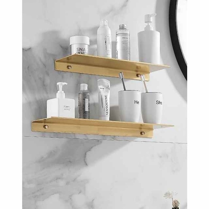 Bathroom Shelf Self-adhesive Bath Storage Rack 30-60cm Modern Space Aluminum Rust-proof Bathroom Organizer Wall Shelf 1pc (Brushed Golden)