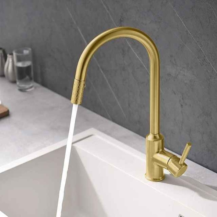 Kitchen Sink Mixer Faucet Pull Out, Single Lever Handle Brushed Solid Brass Taps Cold Hot Hose, One Hole with Pull Down Sprayer Black Gold Faucets