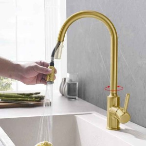 Kitchen Sink Mixer Faucet Pull Out, Single Lever Handle Brushed Solid Brass Taps Cold Hot Hose, One Hole with Pull Down Sprayer Black Gold Faucets