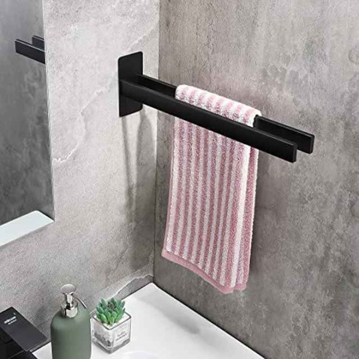 Towel Holder Black, Towel Holder No Drilling Required, Self-Adhesive Towel Holder Black Towel Rail No Drilling Bath Towel Holder for Bathroom and Kitchen, 39 cm (Two Arms)