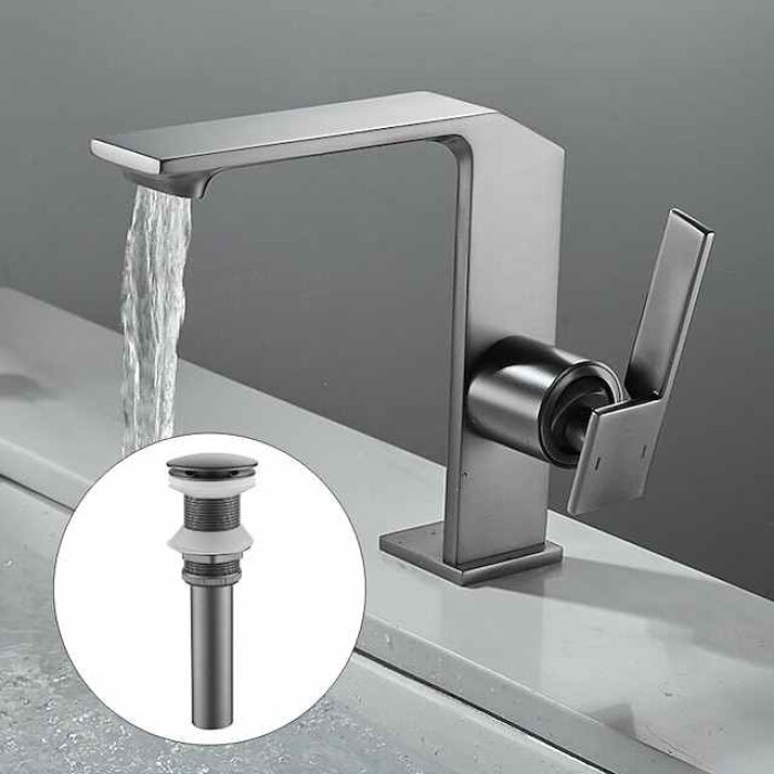 Waterfall Bathroom Sink Mixer Faucet Brass, Single Handle Basin Taps One Hole Faucets with Hot and Cold Hose, Waterfall Spout Brass Bath Tap Chrome Black Gold Grey