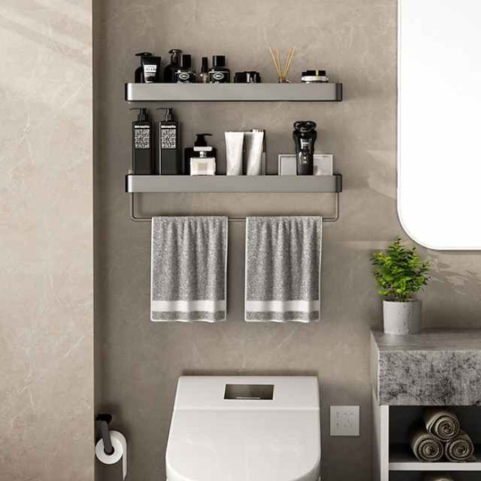 Bathroom Shelves Wall Mounted Gun Grey Storage Organizer Rack Bathroom Kitchen Bathroom Hardware Pendant Bathroom Shelf Space Aluminum Shower Rack Corner Shelf Square Bath Shower Shelf