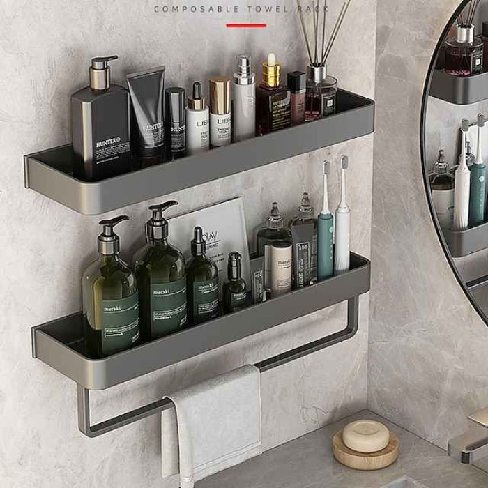 Bathroom Shelves Wall Mounted Gun Grey Storage Organizer Rack Bathroom Kitchen Bathroom Hardware Pendant Bathroom Shelf Space Aluminum Shower Rack Corner Shelf Square Bath Shower Shelf