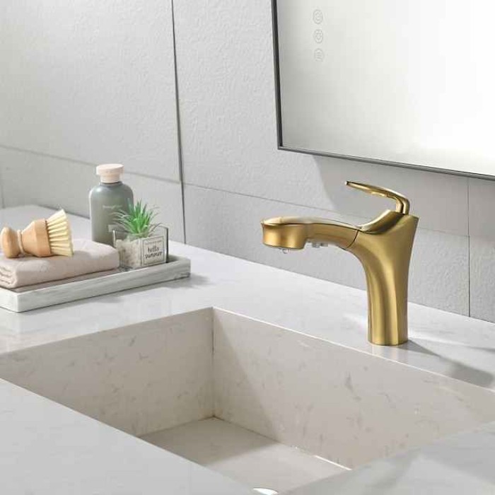 Bathroom Faucet Pull Out Sprayer, Single Handle Pull Down Sink Taps, One Hole Basin Mix Taps with Hot Cold Water Hose, Double Spout Brass Bath Faucet