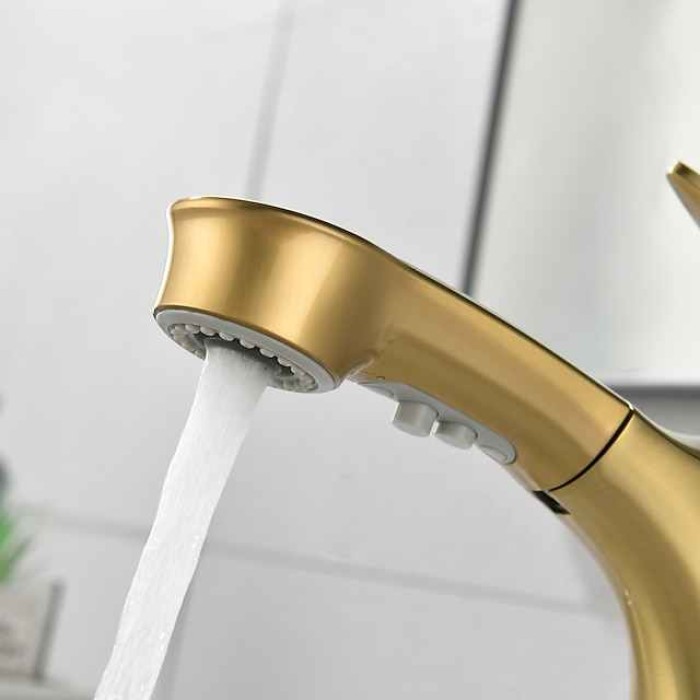 Bathroom Faucet Pull Out Sprayer, Single Handle Pull Down Sink Taps, One Hole Basin Mix Taps with Hot Cold Water Hose, Double Spout Brass Bath Faucet