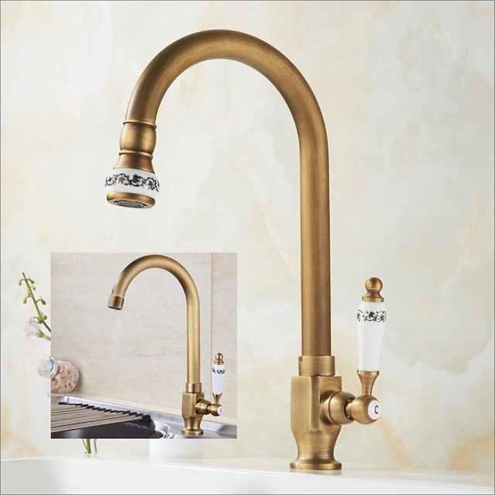 Kitchen Sink Faucet Retro Brass, 360 ° Swivel Single Handle Cold Taps One Hole Lever Ceramic Valve Tap Antique Vintage Bronze