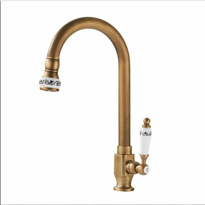 Kitchen Sink Faucet Retro Brass, 360 ° Swivel Single Handle Cold Taps One Hole Lever Ceramic Valve Tap Antique Vintage Bronze