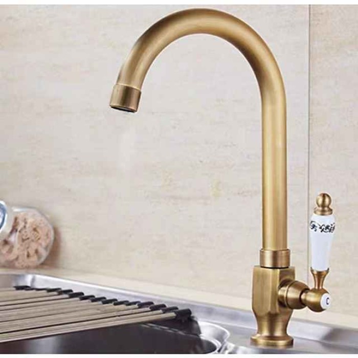 Kitchen Sink Faucet Retro Brass, 360 ° Swivel Single Handle Cold Taps One Hole Lever Ceramic Valve Tap Antique Vintage Bronze