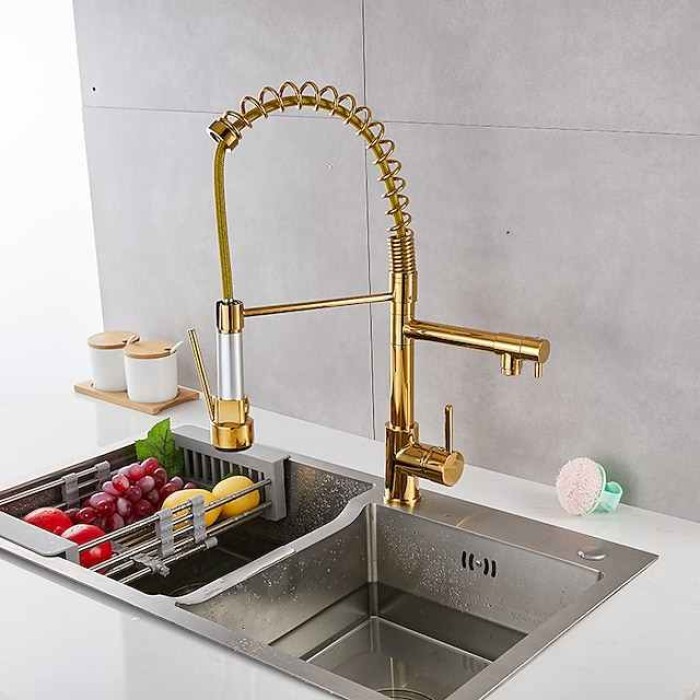 Kitchen Sink Mixer Faucet Pull Down Sprayer, Single Lever Pull Out Taps, 360 ° Swivel Cold Hot Water Brass Tap Golded Chrome Black