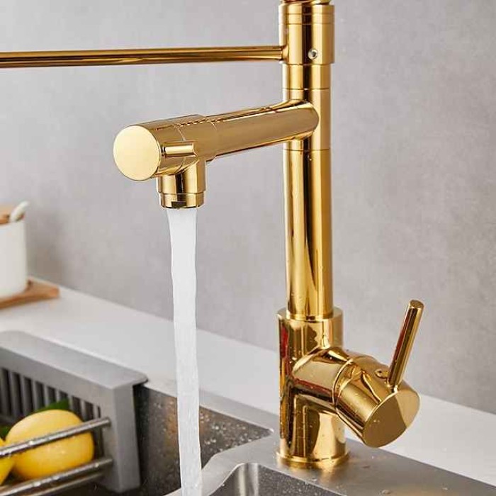 Kitchen Sink Mixer Faucet Pull Down Sprayer, Single Lever Pull Out Taps, 360 ° Swivel Cold Hot Water Brass Tap Golded Chrome Black