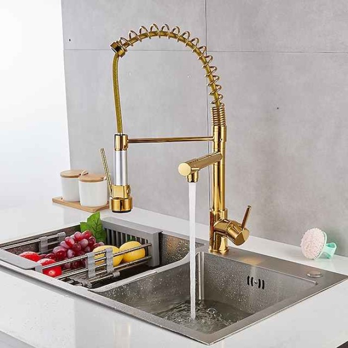 Kitchen Sink Mixer Faucet Pull Down Sprayer, Single Lever Pull Out Taps, 360 ° Swivel Cold Hot Water Brass Tap Golded Chrome Black