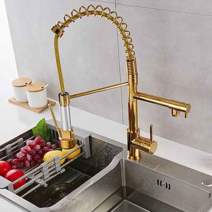 Kitchen Sink Mixer Faucet Pull Down Sprayer, Single Lever Pull Out Taps, 360 ° Swivel Cold Hot Water Brass Tap Golded Chrome Black