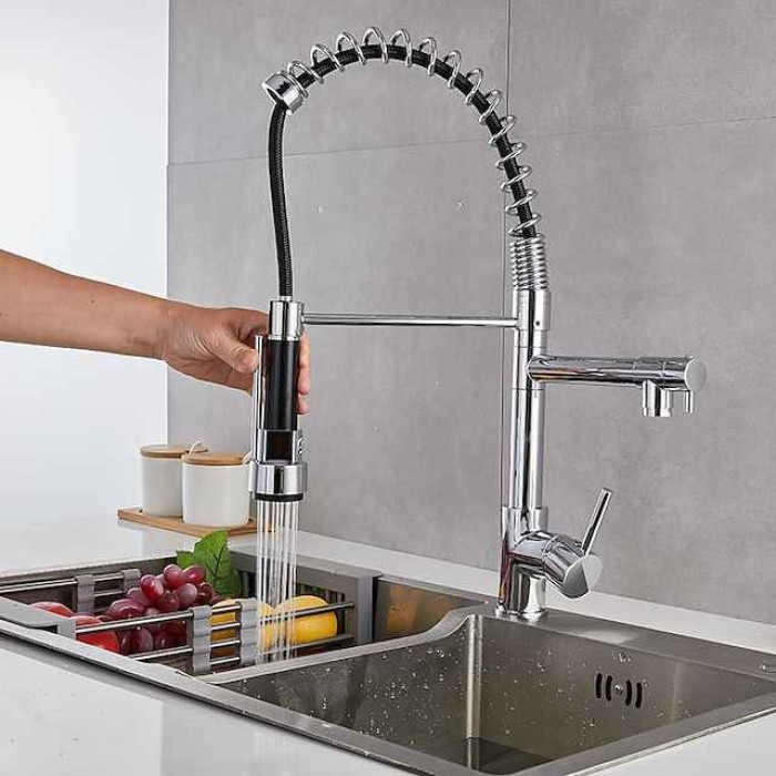 Kitchen Sink Mixer Faucet Pull Down Sprayer, Single Lever Pull Out Taps, 360 ° Swivel Cold Hot Water Brass Tap Golded Chrome Black