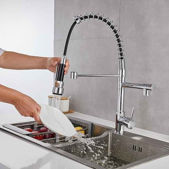 Kitchen Sink Mixer Faucet Pull Down Sprayer, Single Lever Pull Out Taps, 360 ° Swivel Cold Hot Water Brass Tap Golded Chrome Black