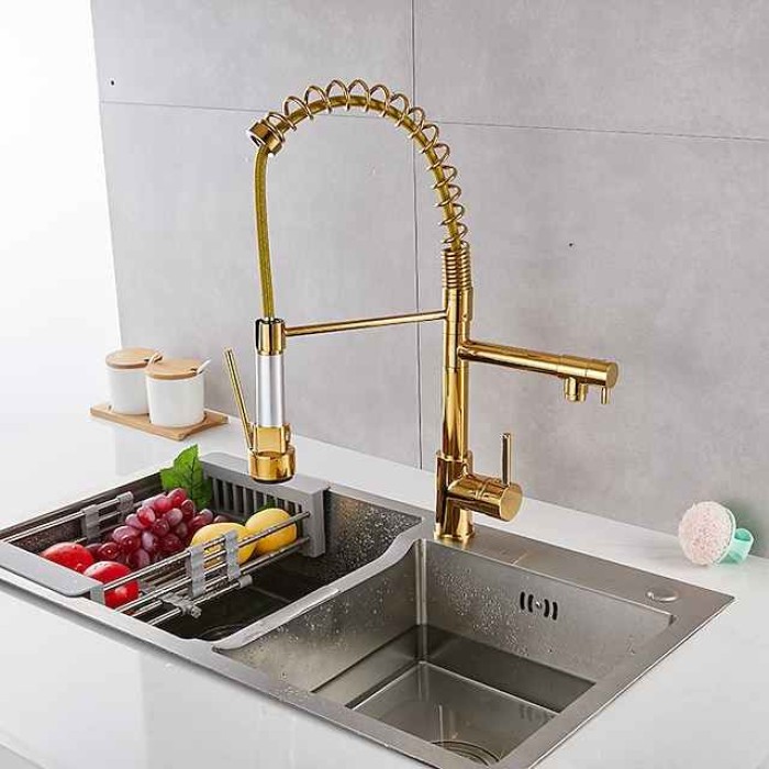 Kitchen Sink Mixer Faucet Pull Down Sprayer, Single Lever Pull Out Taps, 360 ° Swivel Cold Hot Water Brass Tap Golded Chrome Black