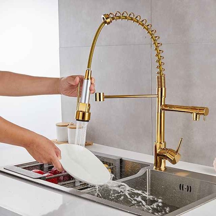 Kitchen Sink Mixer Faucet Pull Down Sprayer, Single Lever Pull Out Taps, 360 ° Swivel Cold Hot Water Brass Tap Golded Chrome Black