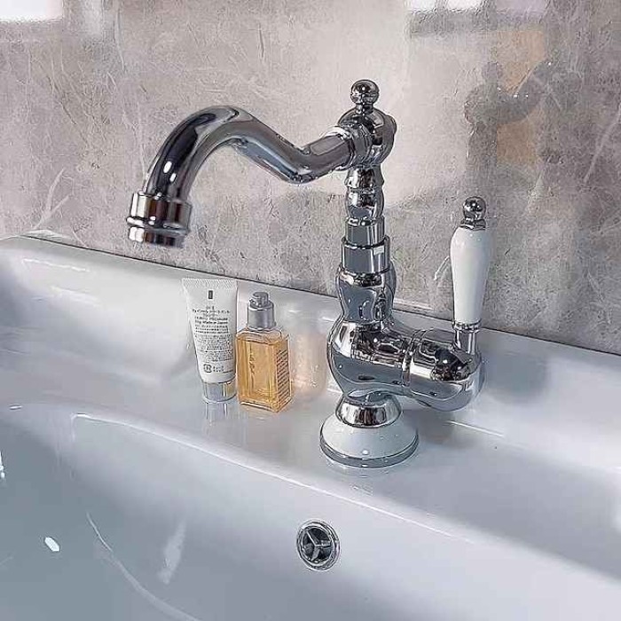 Mono Bathroom Sink Mixer Faucet Brass, Deck Mounted Single Lever Basin Taps Ceramic Handle Tap, One Hole Cold and Hot Hose Vessel Faucets