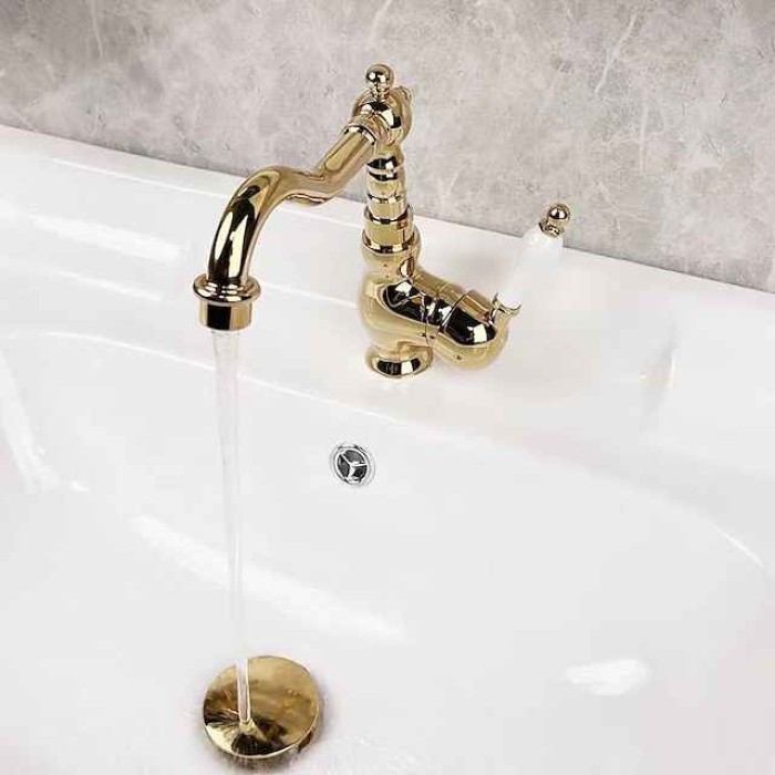 Mono Bathroom Sink Mixer Faucet Brass, Deck Mounted Single Lever Basin Taps Ceramic Handle Tap, One Hole Cold and Hot Hose Vessel Faucets