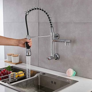 Wall Mounted Kitchen Sink Faucet Only Cold Water Pull Down Sprayer, 360 Swivel Pull Out Kitchen Taps 2 Sprayer Mode Vessel Water Tap Gold Black Chrome