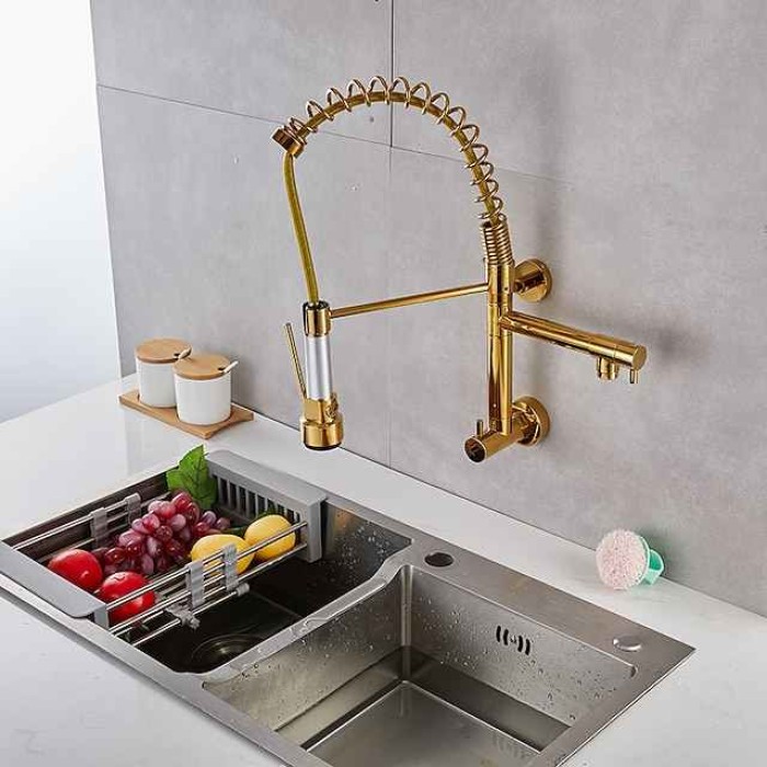 Wall Mounted Kitchen Sink Faucet Only Cold Water Pull Down Sprayer, 360 Swivel Pull Out Kitchen Taps 2 Sprayer Mode Vessel Water Tap Gold Black Chrome