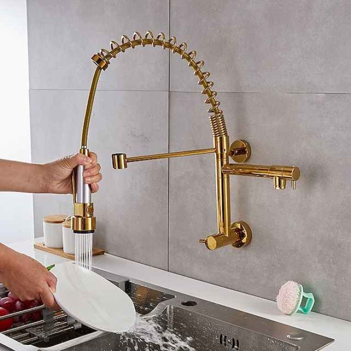 Wall Mounted Kitchen Sink Faucet Only Cold Water Pull Down Sprayer, 360 Swivel Pull Out Kitchen Taps 2 Sprayer Mode Vessel Water Tap Gold Black Chrome