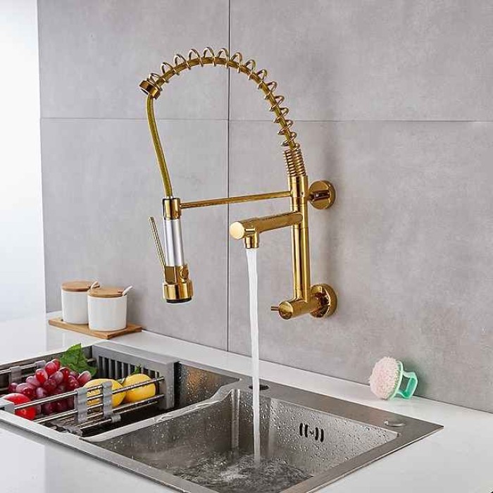 Wall Mounted Kitchen Sink Faucet Only Cold Water Pull Down Sprayer, 360 Swivel Pull Out Kitchen Taps 2 Sprayer Mode Vessel Water Tap Gold Black Chrome