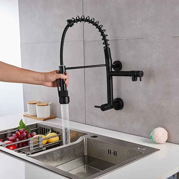 Wall Mounted Kitchen Sink Faucet Only Cold Water Pull Down Sprayer, 360 Swivel Pull Out Kitchen Taps 2 Sprayer Mode Vessel Water Tap Gold Black Chrome