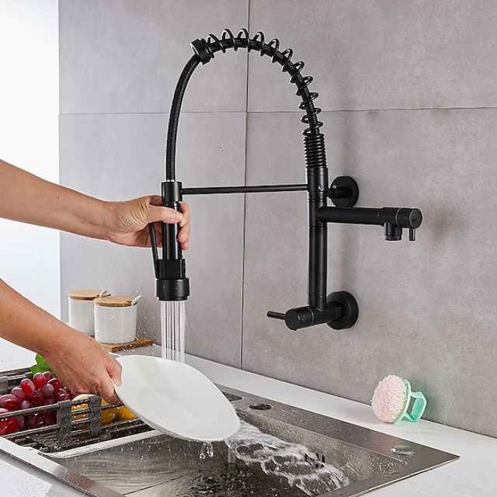 Wall Mounted Kitchen Sink Faucet Only Cold Water Pull Down Sprayer, 360 Swivel Pull Out Kitchen Taps 2 Sprayer Mode Vessel Water Tap Gold Black Chrome