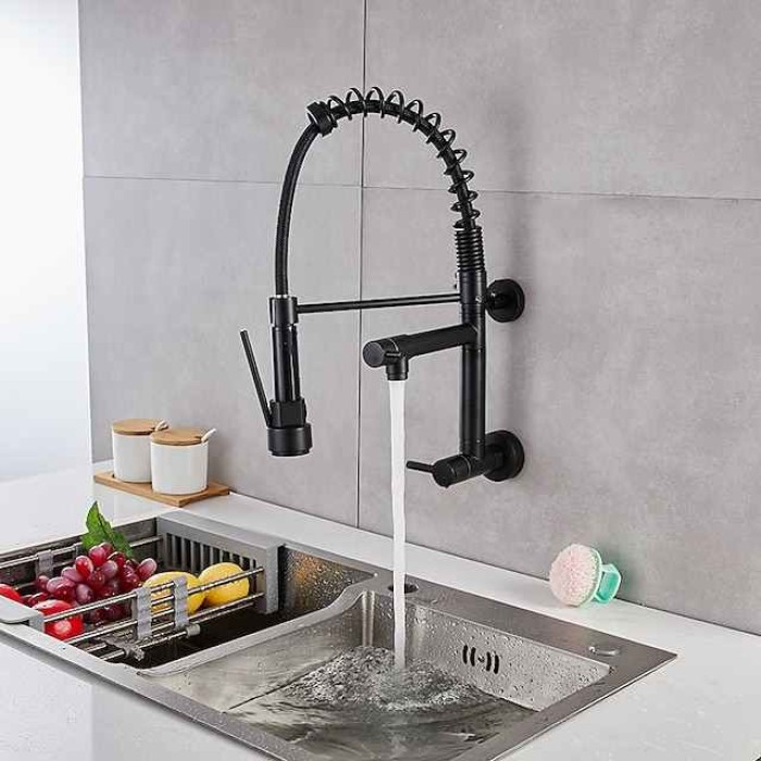 Wall Mounted Kitchen Sink Faucet Only Cold Water Pull Down Sprayer, 360 Swivel Pull Out Kitchen Taps 2 Sprayer Mode Vessel Water Tap Gold Black Chrome