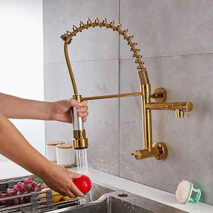 Wall Mounted Kitchen Sink Faucet Only Cold Water Pull Down Sprayer, 360 Swivel Pull Out Kitchen Taps 2 Sprayer Mode Vessel Water Tap Gold Black Chrome