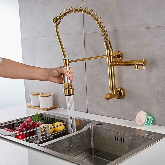 Wall Mounted Kitchen Sink Faucet Only Cold Water Pull Down Sprayer, 360 Swivel Pull Out Kitchen Taps 2 Sprayer Mode Vessel Water Tap Gold Black Chrome