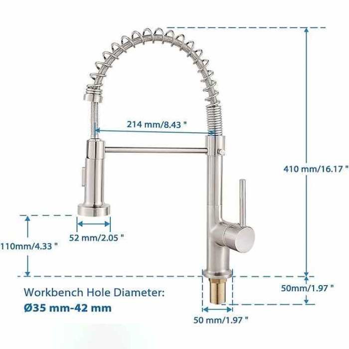 Kitchen Sink Mixer Faucet Pull Down Chrome, 360° Swivel Spring Vessel Taps with 2 Modes, Single Handle Hole Spring Brass Kitchen Faucets