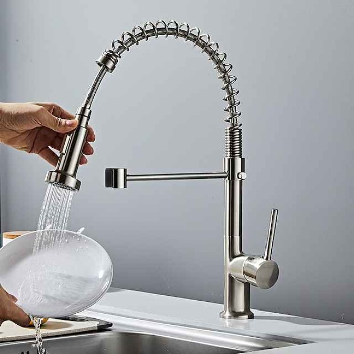 Kitchen Sink Mixer Faucet Pull Down Chrome, 360° Swivel Spring Vessel Taps with 2 Modes, Single Handle Hole Spring Brass Kitchen Faucets