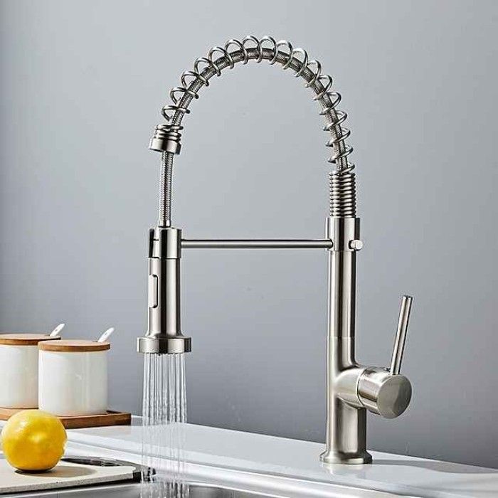 Kitchen Sink Mixer Faucet Pull Down Chrome, 360° Swivel Spring Vessel Taps with 2 Modes, Single Handle Hole Spring Brass Kitchen Faucets