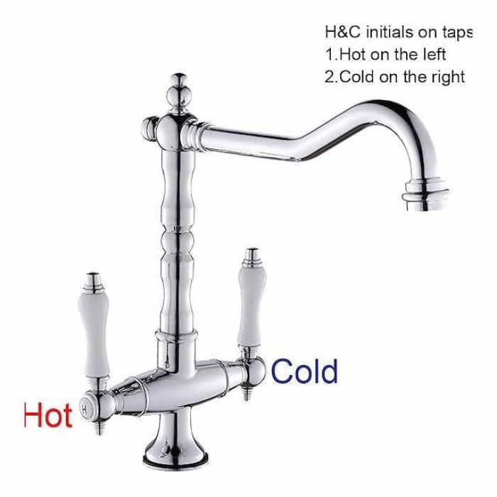 Twin Lever Traditional Kitchen Sink Mixer Taps, Dual Lever Cold and Hot Faucet Deck Mounted, 360° Swivel Spout Sink Tap with 2 Ceramic Handles, Antique Brass Classic Double Handle for Kitchen Bathroom