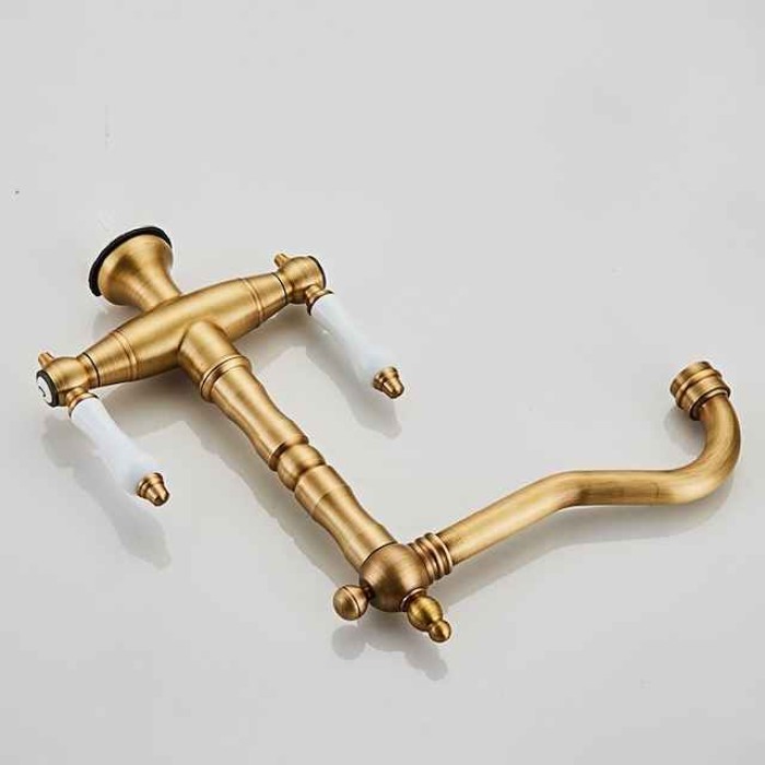 Twin Lever Traditional Kitchen Sink Mixer Taps, Dual Lever Cold and Hot Faucet Deck Mounted, 360° Swivel Spout Sink Tap with 2 Ceramic Handles, Antique Brass Classic Double Handle for Kitchen Bathroom