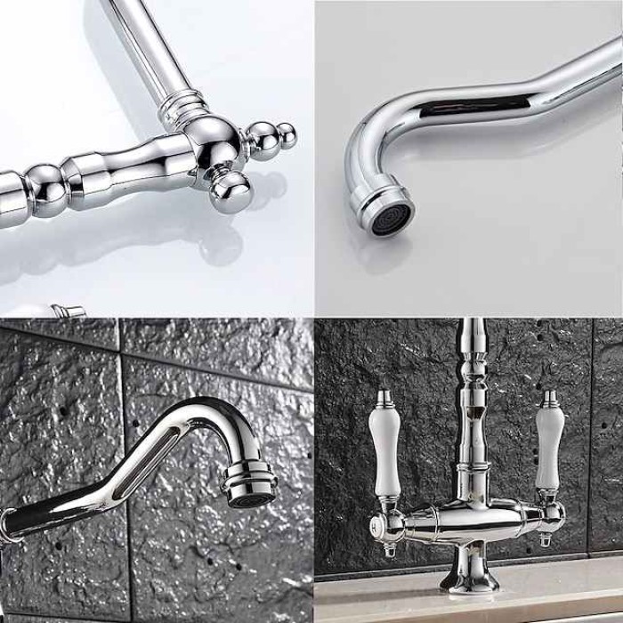 Twin Lever Traditional Kitchen Sink Mixer Taps, Dual Lever Cold and Hot Faucet Deck Mounted, 360° Swivel Spout Sink Tap with 2 Ceramic Handles, Antique Brass Classic Double Handle for Kitchen Bathroom