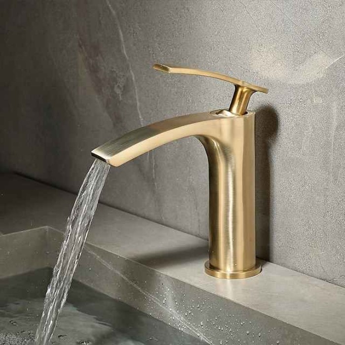 Bathroom Waterfall Sink Faucet, Basin Mixer Taps Tall Short Brass, Deck Mounted Single Handle One Hole Tap with Hot and Cold Hose Vessel Water Tap Washroom